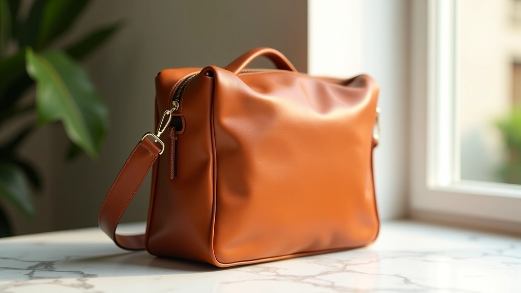 Leather Shoulder Bag in cognac tan color, placed on a marble table with natural afternoon light showing texture and craftsmanship