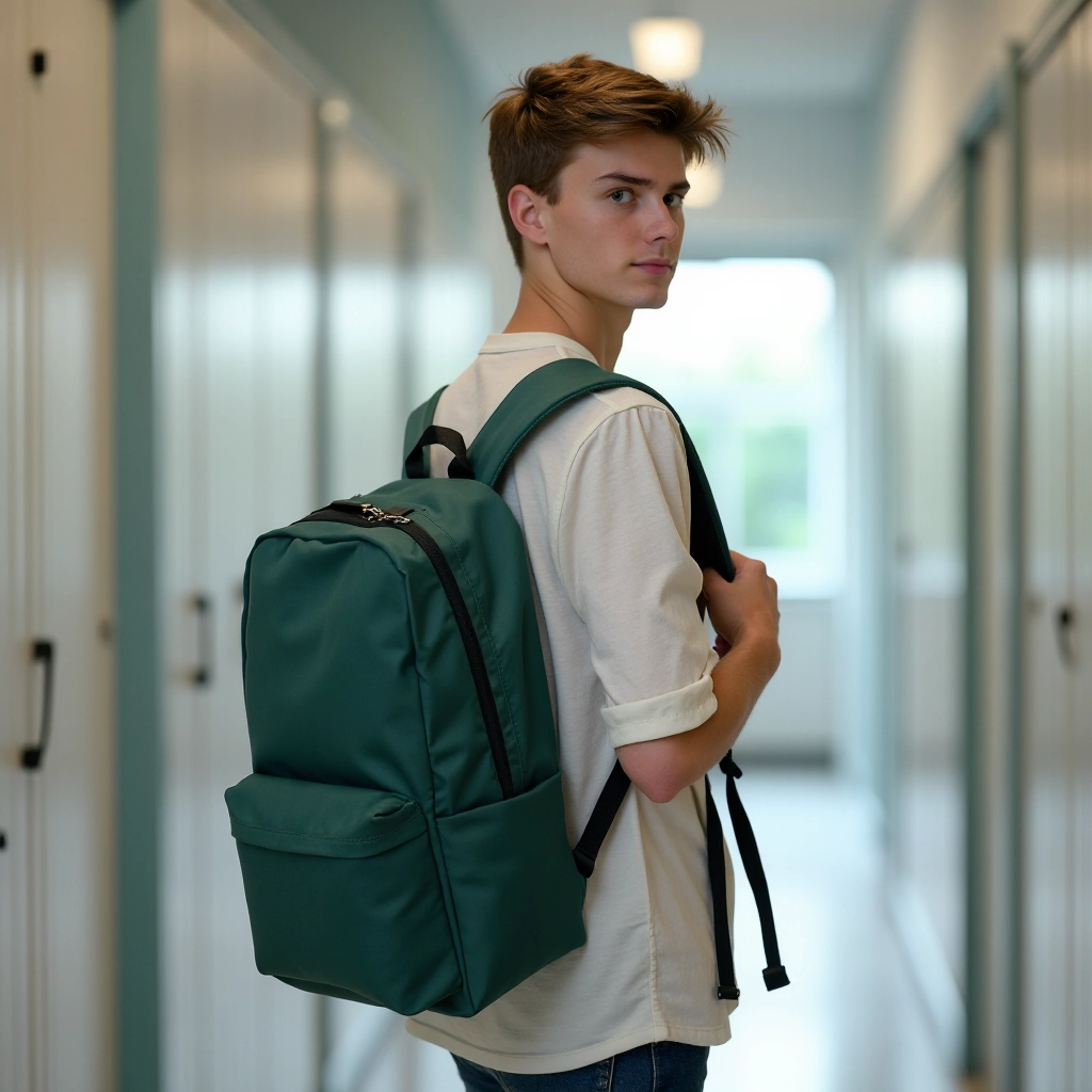 Student wearing forest green rucksack, walking through school corridor with textbooks visible in side pockets
